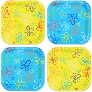 Whaline 40 Pcs Sponge Birthday Party Paper Plate Cartoon Themed Disposable Plate Yellow Blue Ocean Flower Tableware for Spring Summer Birthday Baby Shower Supplies Table Decor, 9 In