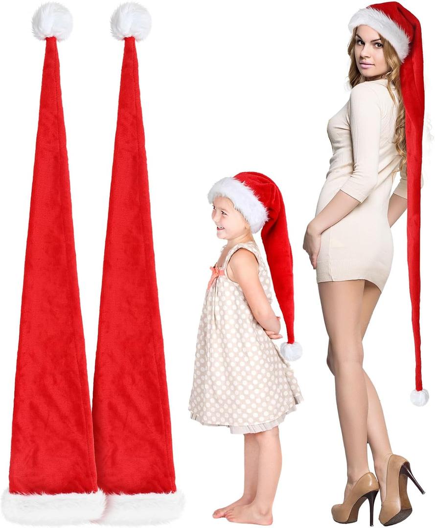 Geyoga 2 Pcs Christmas Santa Hat Extra Long Plush Christmas Hat White Xmas Claus Cap for Party Costume (Adults, Red)