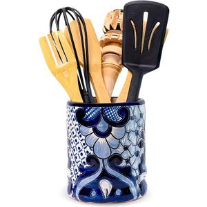 Talavera Utensil Holder Hand Painted Ceramic Spoon Crock Colorful Utensil Crock Large Mexican Spoon Rest 6" H Color: White & Blue