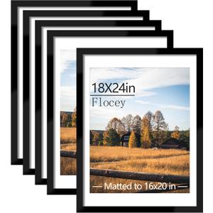 18x24 Picture Frame Set of 5, Black Poster Frame, Display Pictures 16 x 20 with Mat or 18 x 24 Without Mat for Horizontal or Vertical Wall Mounting, Wall Gallery Frame for Artwork