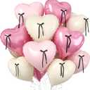Pink Heart Balloons, 10 Pcs Pastel Pink Cream Heart Shaped Balloon with Black Bow Ribbon, 18 Inch Pink Sand White Foil Balloons for Girls Women Brithday Baby Shower Wedding Valentines Party Decoration