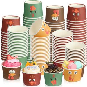60 Pcs Thanksgiving Snack Cups 8 oz Turkey Disposable Paper Bowls Fall Autumn Themed Turkey Treat Paper Cups Dessert Ice Cream Bowls for Thanksgiving Party Favor Supplies, 4 Styles