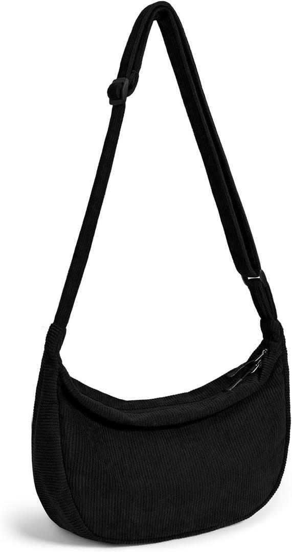 Crossbody Sling Bag for Women Men Trendy, Crescent Bag with Adjustable Strap, 2 Zippers Lightweight (Corduroy-black)