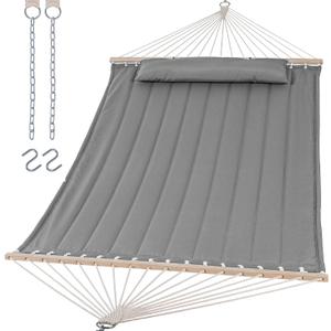 SUNCREAT Portable Double Hammock with Hardwood Spreader Bar, Extra Large Outdoor Hammock with Soft Pillow, 475 lbs Capacity, Light Gray