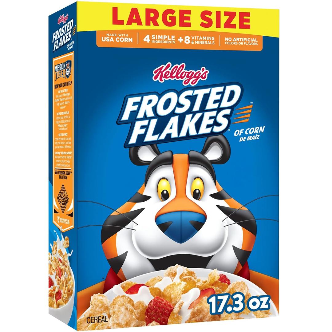 Frosted Flakes Breakfast Cereal, 8 Vitamins and Minerals, Kids Snacks, Large Size, Original, 17.3oz Box (1 Box) (EXP 11/23/26)