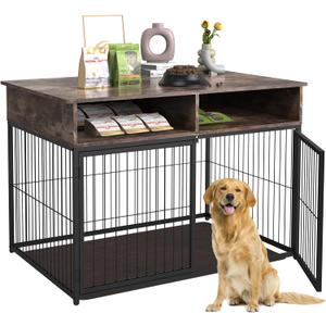 Bukfen Dog Crate Furniture with Cushion,Wooden Dog Crate with Double Doors,Dog Kennel Indoor,End Table Dog Cage House