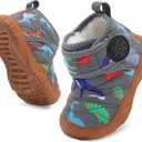 BARERUN Barefoot Baby Boys Girls Boots Warm Winter House Shoes for Toddler Girls Boys Waterproof Fleece Kids Snow Boots Faux Fur Infant Booties Walking Shoes for Indoor Outdoor (2-2.5 Years Toddler, Grey Dinosaur)