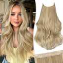 KooKaStyle Invisible Wire Hair Extensions Long Straight Layered Synthetic with Transparent Headband Adjustable Size 6 Secure Clips Hairpieces for Women(20 Inch, H1860A#Beige Blonde)