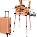Aluminum Trolley Makeup Train Case with LED Lights Professional Cosmetic Organizer Studio with Speaker, Wheels and Stands Rolling Lighted Makeup Vanity Station for Travel (Rose Gold)