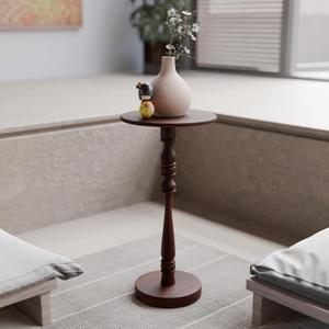 Relso Stambha Solid Wood Drink Table  24" Tall Round Accent Side Table for Living Room or Bedroom, Narrow End Table or Indoor Plant Stand, Walnut Finish, Handcrafted Mango Wood Furniture