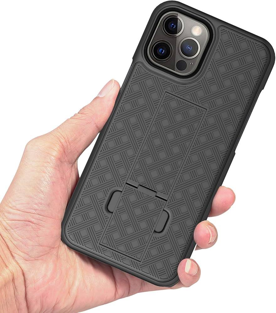 HIDAHE Compatible with iPhone 12 Pro MAX(6.7"), Combo Shell & Holster Slim Shell Case for Men with Built-in Kickstand + Swivel Belt Clip Holster for Apple i-Phone 12 Pro MAX 6.7'' ONLY, Black