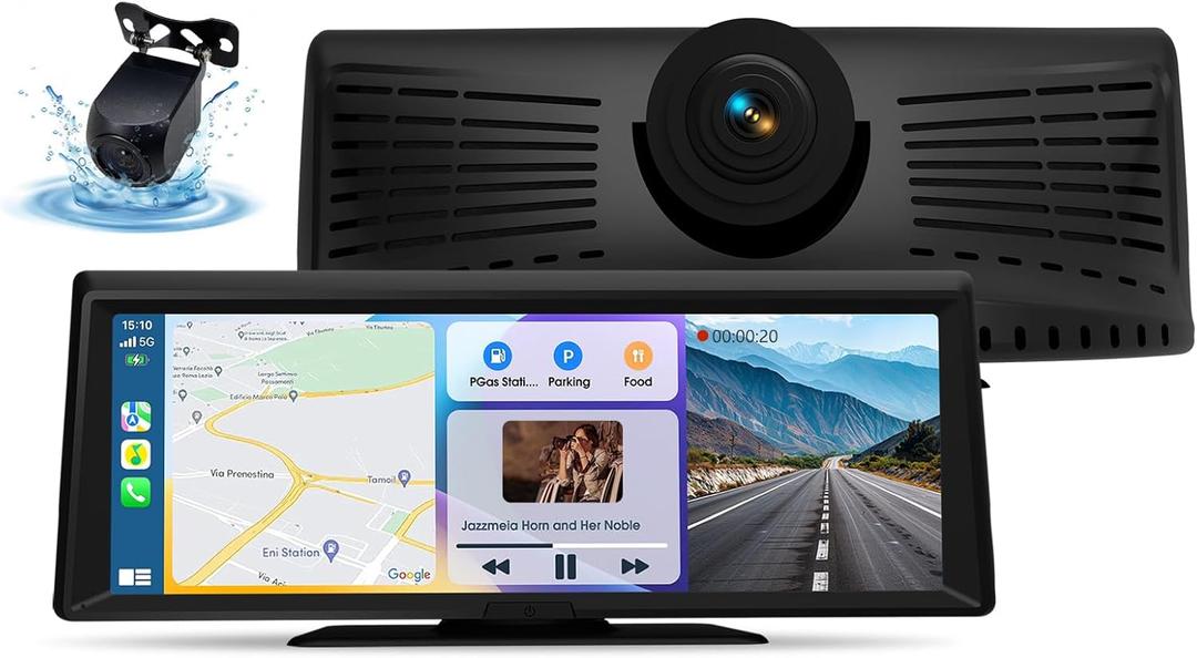 Wireless Portable CarPlay Screen8.1" Portable Touchscreen Car Stereo with 2K Dash Cam/Carplay & Android Auto1080P Backup Camera GPS Navigation Voice Control Loop Recording Mirror Link (Black)