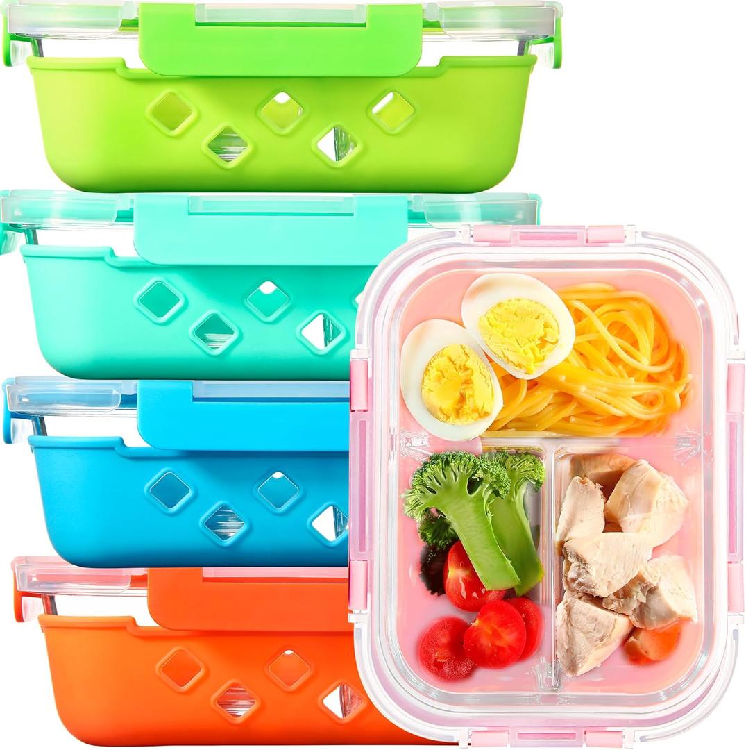 5 Pack Glass Meal Prep Containers 3 Compartment with Lids, Divided Glass Storage Containers with Silicone Sleeve for Lunch, Leak-Proof Portion Control Food Containers, Dishwasher Safe, 34 oz