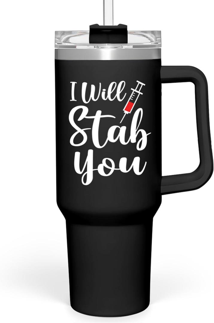 SANDJEST Nurse Gifts I Will Stab You Tumbler with Handle 40oz Stainless Steel Insulated Coffee Cup Funny Nurse Week Present, Nursing School Graduation, Appreciation Gifts for RN Nurses, 20 Ounces