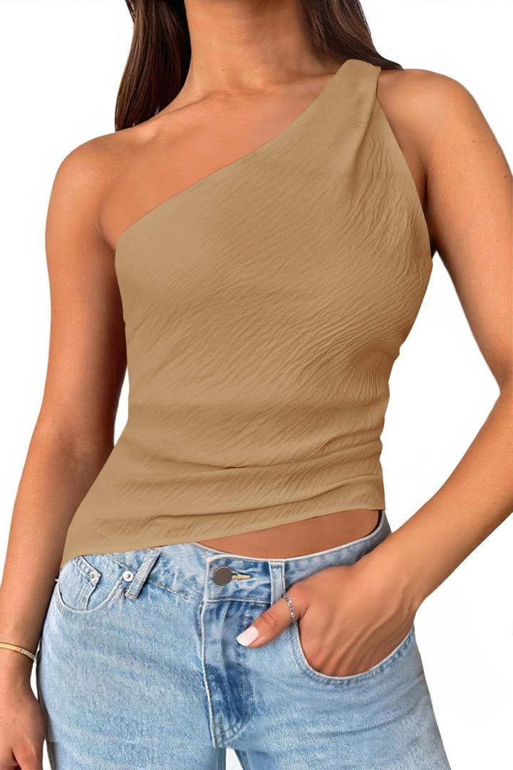Cicy Bell Womens One Shoulder Tank Tops Summer Going Out Tops Ruched Asymmetrical Sleeveless Shirts Brown (L)