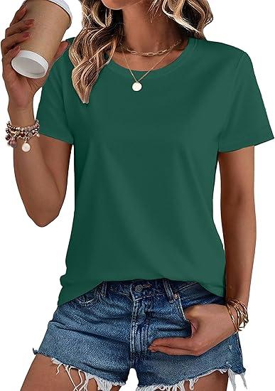 Women's Cotton Crewneck T-Shirts Short Sleeve Basic Solid Color Tee Classic-Fit Shirt Breathable Comfy Summer Top Size 2 XL