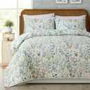 100% Cotton Quilt Set King Size Bedspreads Lightweight Coverlet Sets 3 Pcs Garden Style Floral Bedding Set with Pillowcases for All Season, Exquisite, Ultra Soft