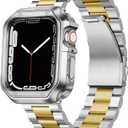 BINLUN Compatible with Apple Watch Band 49mm 46mm 45mm 44mm 42mm Stainless Steel Metal Watch Strap with TPU Watch Case Compatible with iWatch Series Ultra/10/9/8/7/SE2/SE/6/5/4/3/2/1 (Silver-Gold)