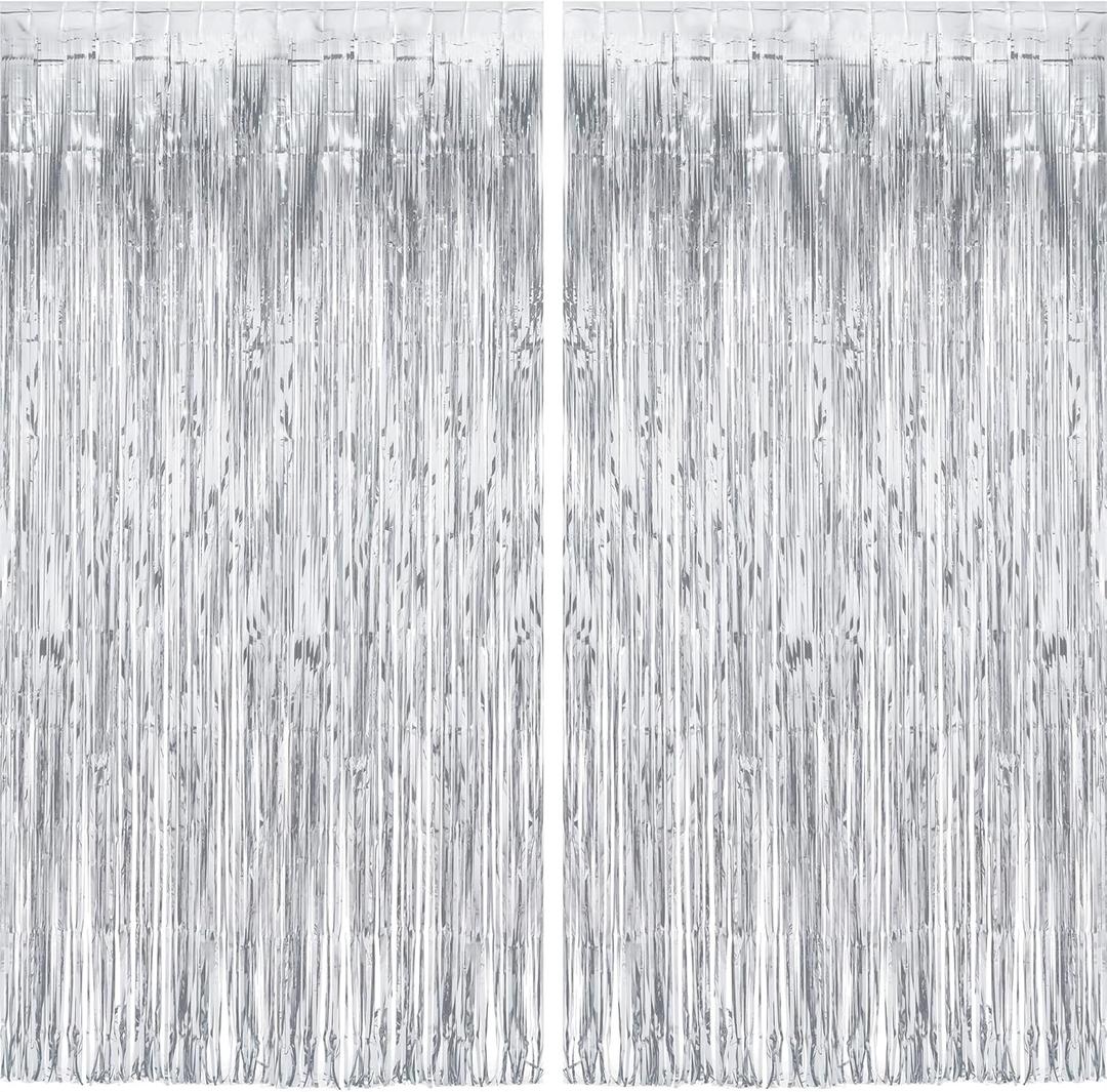 Silver Streamers Metallic Party Backdrop - GREATRIL Foil Fringe Tinsel Curtain for 2026 NYE/Birthdays/Prom/New Years/Graduations/Photo Booth, 8.2ft x 3.2ft - Pack of 2