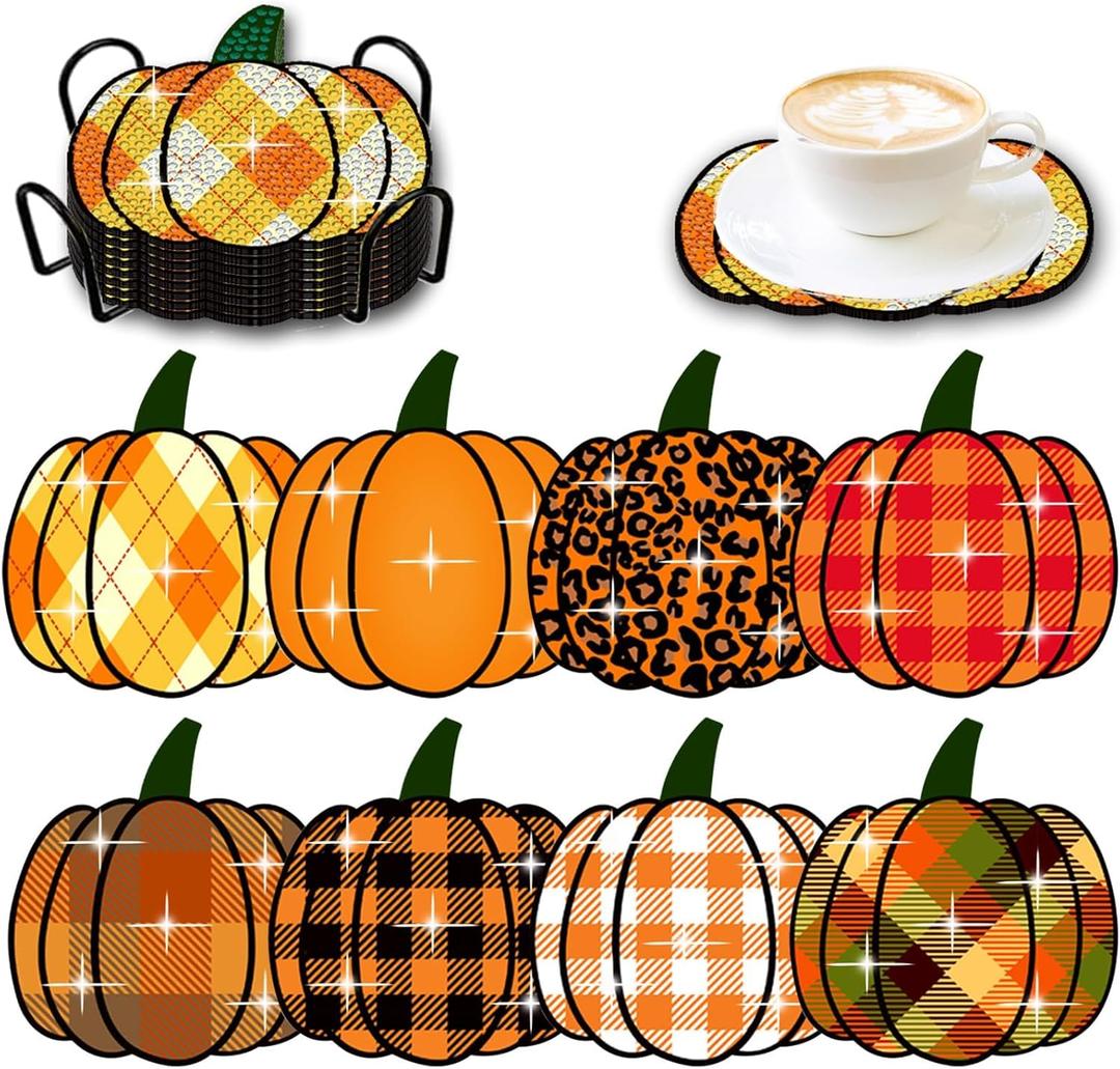 SWEKKE Pumpkin Diamond Paintings Kits with Holder,8Pcs DIY Fall Autumn Leopard Print Plaid Diamond Art Kits,Full Coasters Diamond Painting Kits Beginners Art Craft Supplies for Adults (Style2)