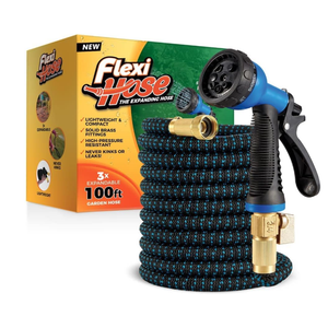 Flexi Hose Expandable Garden Hose with 8 Function Nozzle, 100FT - Lightweight Retractable Garden Hose, Water Hose - No-Kink Flexibility, 3/4 Inch Solid Brass Fittings and Double Latex Core, Missing End Fittings, Pre-Owned