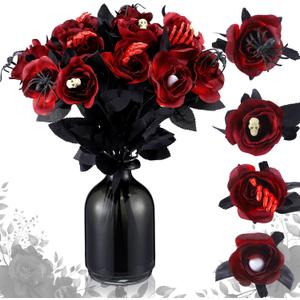 20 Pcs Halloween Red Artificial Flowers Goth Artificial Bloody Roses Floral Bouquet for Halloween Decor (Skull Spider Hand)