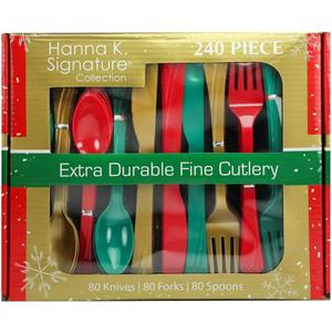 Plastic Silverware Heavyweight Combo, Disposable Flatware Red/Green/Gold Cutlery 240 pieces 80 of each Forks, Knives, Spoons
