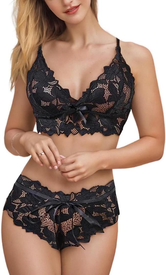 Womens Lace Lingerie Sets Sheer Floral Bra and Panty Sexy 2 Piece Underwear Set Bralette Strappy with High Waist Knicker