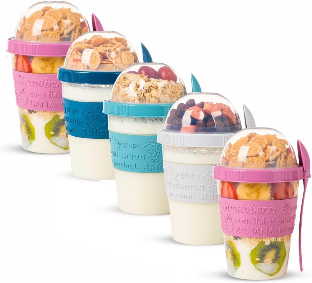 On The Go Cereal Yogurt Cups with Lids and Spoon, Overnight Oats Container, Reusable Parfait Plastic Milk Jar Breakfast Crunch Granola Oatmeal Smoothie Snack Prep Bowl To Take Along (5 Colors Set 2)