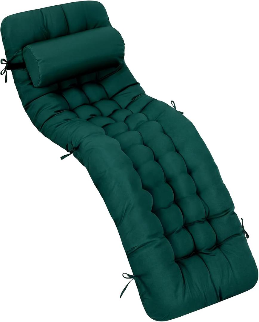 Tudomro 66'' Outdoor Chaise Lounge Cushion Waterproof Patio Pool Chaise Lounge Cushion with Headrest Pillow Tie Fade Resistant Replacement Longue Rocking High Back Chair(Dark Green,1 Pcs)