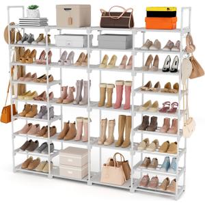 ROJASOP Large Shoe Rack Organizer for Entryway Closet 64-68 Pairs 9-Tier Heavy Duty Tall Garage Shoe Rack Shoe Shelf Shoes Storage with 18 Pcs Removable Side Hooks for Bedroom and Garage White