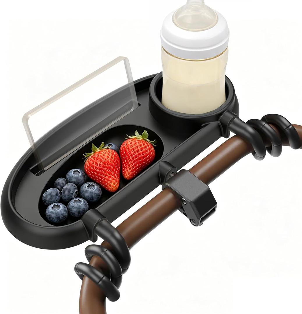 Universal Stroller Snack Tray,Stable Three-Point Locking Mechanism Reduces wobbling and Spills.The Stroller Snack Tray Accommodates Snacks, Water Bottles and Mobile Phones, and is Dishwasher-Safe.