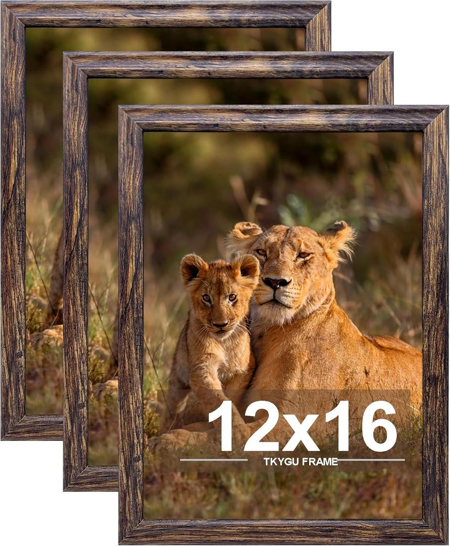 12x16 Picture frame set of 3, Woode frames brown Wall Mounting Horizontally or Vertically, 12 by 16 Wall Gallery Poster Photo Frame with Shatter Resistant Plexiglass,best gift