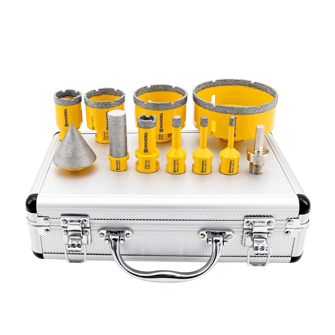 HIGHDRIL Diamond Drill Bits Kit with 5/8-11 for Porcelain Tile Ceramic Marble Brick Concrete Vacuum Brazed Hole Saw(6/8/10/20/35/50/65/100mm+50mm Chamfer Bit+20mm Finger Bit+Adapter) (Thread Set 10)