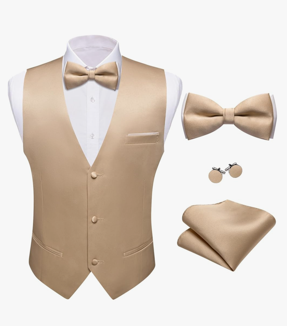 Barry.Wang Mens Suit Vest Bow Tie Set 4PCS Formal V-neck Slim Fit Casual Solid Color Waistcoat Wedding Party Tuxedo