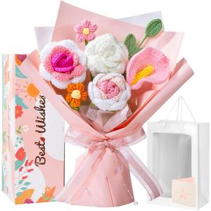 Crochet Flower Bouquet Pink, Handmade Crochet Flowers Bouquet, Knitted Floral Gift for Her, Mothers Day Birthday for Women Wife Mom Girlfriend with Gift Box Bag and Card