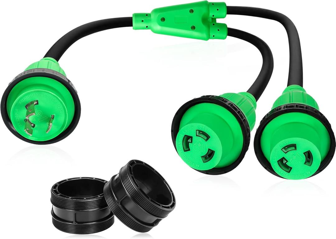 Kanayu 3FT RV Marine Boat Shore Power Adapter L5-30P Male 30A Plug to (2) 30A L5-30R Female, 30 Amp Y Splitter with Locking Ring and Collar, (Green,Black)