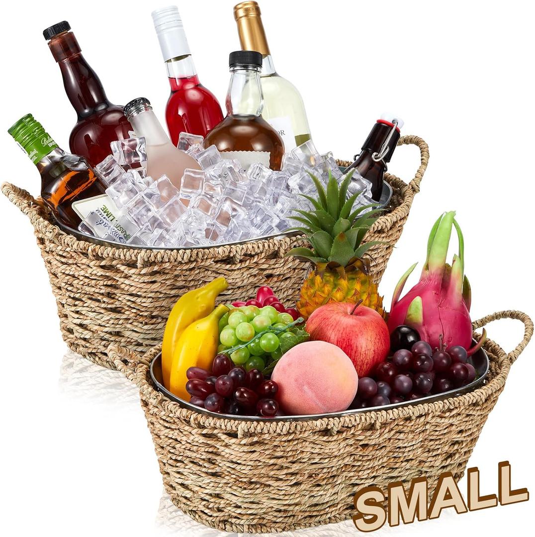 Domensi Set of 2 Small 3 Gallons Ice Bucket with Wicker Outer Basket Handle Beverage Tub Grass Rope Woven Farmhouse Galvanized Bucket for Party Seaside Bar Buffet Wine Beer Bottle, 15.5 x 9.2 x 6.1 in
