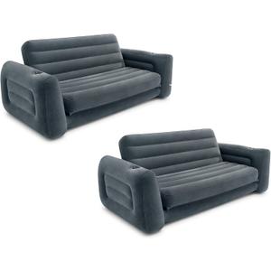 Intex 2 in 1 Inflatable Pull Out Sofa and Queen Size Air Bed Mattress with Cup Holders for Indoor and Outdoor Use for Adults (2 Pack), Charcoal Gray