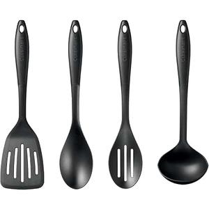 4-Piece Black – Slotted Turner, Solid Spoon, Slotted Spoon & Ladle, Nonstick-Safe, Heat Resistant to 400F, Dishwasher Safe