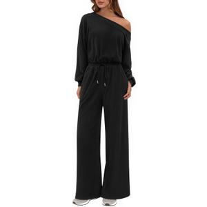 PRETTYGARDEN Long Sleeve Jumpsuit For Women Dressy 2025 Off Shoulder One Piece Loose Wide Leg Jumpsuits Casual Flowy Romper (Medium, Black)
