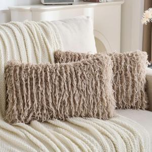 FUTEI Khaki Decorative Throw Pillow Covers 12x20 Inch Set of 2,Soft Fluffy Faux Feather Texture Lumbar Pillow Cases,Modern Home Luxury Decor for Couch Bed Living Room