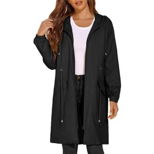 ELESOL Women Rain Jacket Waterproof Long Rain Coats Hooded Windbreaker Lightweight Raincoats Travel Hooded Trench Coats S-3XL (Large, black)