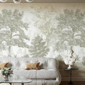 Vintage Forest Wall Mural 87" W X 110" H Peel and Stick Beige Green Tree Wall Mural Nature Landscape Wall Paper Self-Adhesive Large Wall Paintings Art Decor for Bedroom Living Room