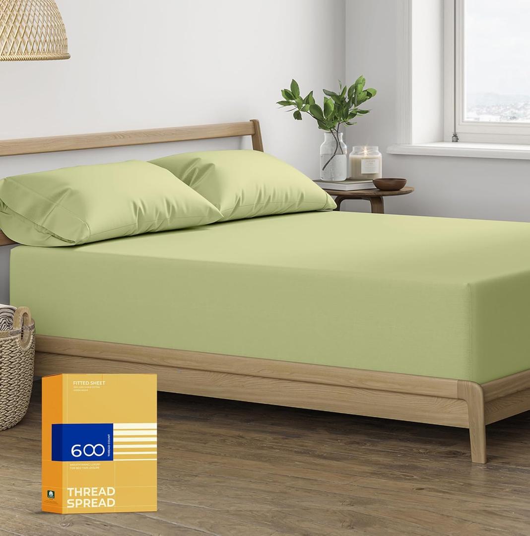 Thread Spread 100% Cotton Queen Fitted Sheet Only - 600 Thread Count Cotton Fitted Sheet Queen, Luxuriously Soft, Cooling 16" Deep Pocket Sateen Weave Bottom, Luxury Hotel Quality - Sage Green