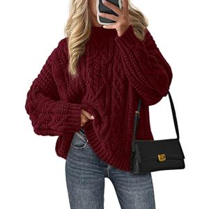 PRETTYGARDEN Women's Oversized Fall Sweaters 2026 Casual Long Sleeve Crewneck Chunky Cable Knit Pullover Tops Winter Clothes (Medium, Burgundy)