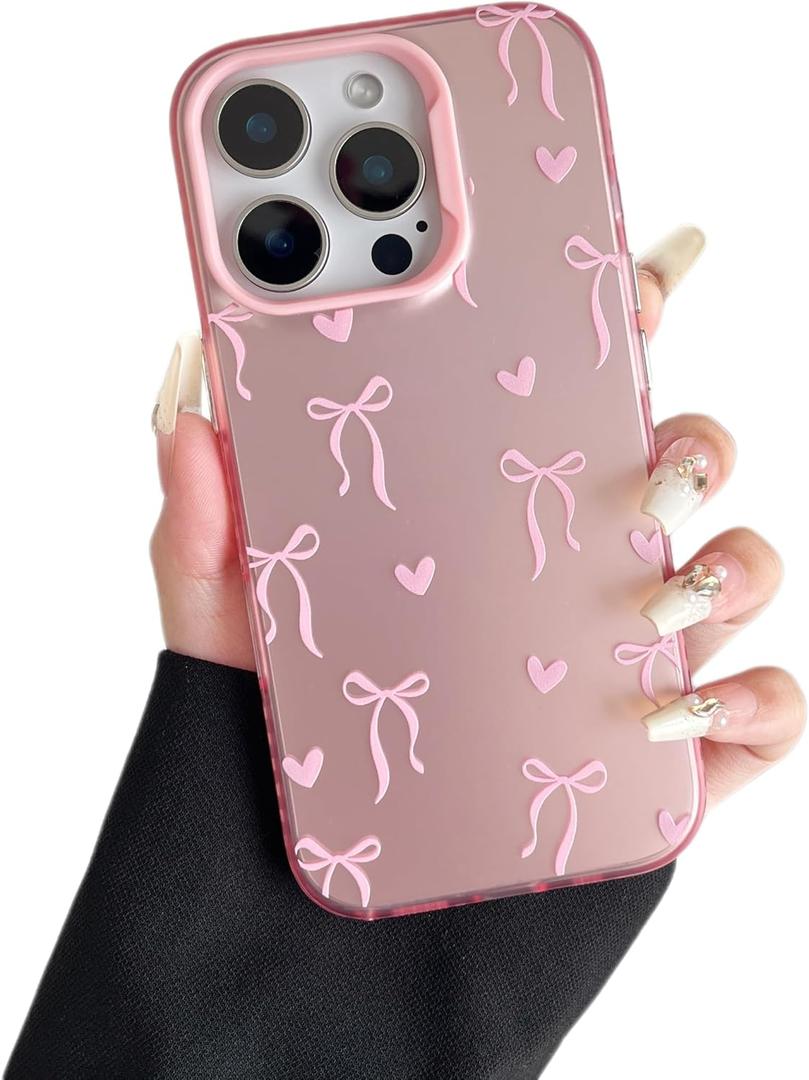 ZTOFERA for iPhone 16 Pro Case,Cute Pink Ribbon Bow Tie Planet Star Floral Aesthetic Phone Case,Trendy Slim Hard IMD Shockproof Protective Bumper Phone Cover for Women Girls,Heart