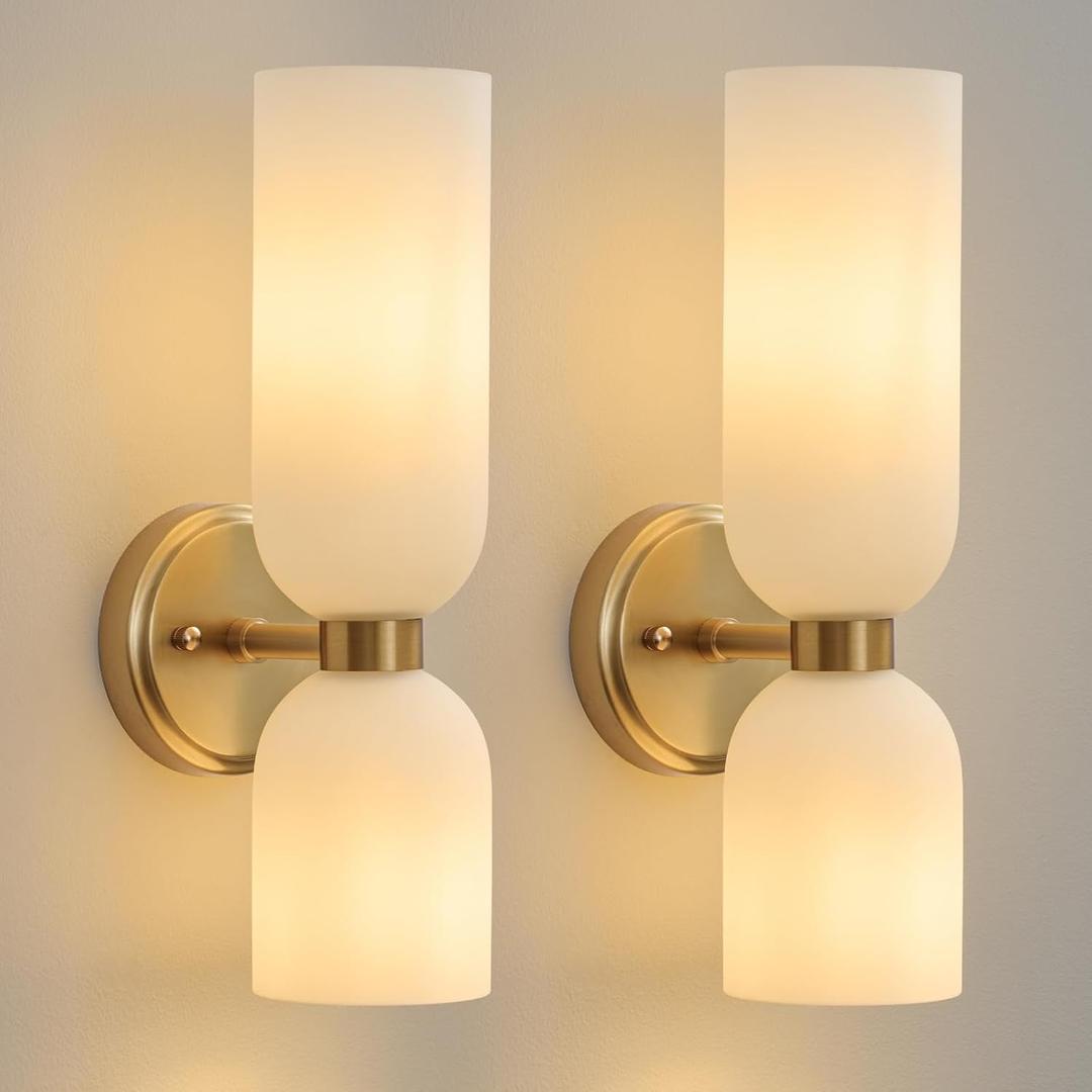Mid Century Bathroom Wall Sconce - Set of 2 Modern Brushed Gold Brass Sconces - Frosted Milk White Glass Indoor Dimmable Lighting Fixture with Bulb - Double Vanity Lights for Bedroom Living Room Decor