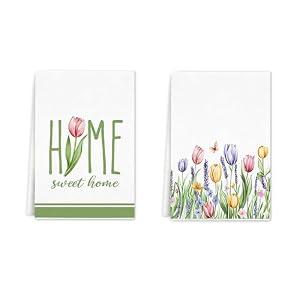 rowjow Spring Tulip Flowers Dish Towels KitchenTowels, 16x24 inch Floral Hand Towels Set of 2, Decorative Hand Tea Dishcloths for Kitchen Decor Mother's Day Housewarming Gift