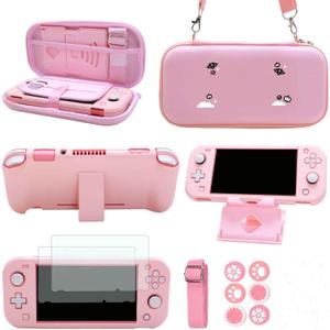 GUTIAL Accessories Bundle for Nintendo Switch Lite - Cute Kawaii NS Lite Accessories kit for Grils Boys Kids with Carrying Case, Cartoon Cover Case, Screen Protector, Stand (LITE Z-Pink)